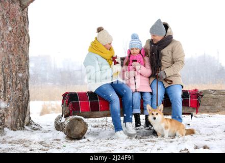 Petite fille, ses grands-parents avec thermos et chien Corgi dans le parc le jour d'hiver enneigé Banque D'Images