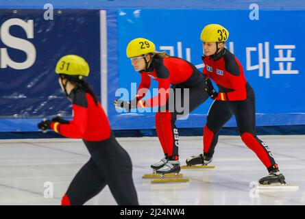 25 sept 2009-Séoul, Corée du Sud-Priebst Christin, à gauche, et Riedel Julia, Droite, de l'Allemagne participe aux quarts de finale de relais de 3000 mètres féminin des Championnats du monde de patinage de vitesse sur piste courte 2009 de l'UIP le 25 septembre 2009 à Séoul, Corée du Sud. Banque D'Images