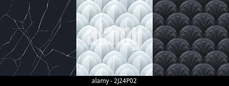 Textures de mur de marbre avec ornement géométrique de ventilateur et d'échelle. Dessin animé vectoriel sans couture motifs de blanc, gris et noir de surface en pierre avec motif de décoration abstrait Illustration de Vecteur