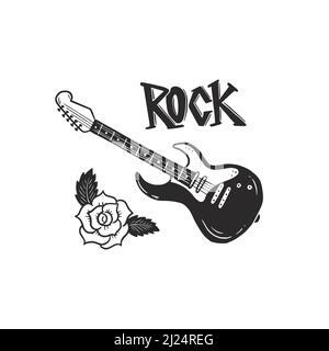 Guitare électrique dessinée à la main avec texte rock. Style d'esquisse Doodle. Affiche de guitare simple de ligne de dessin. Illustration vectorielle isolée. Illustration de Vecteur