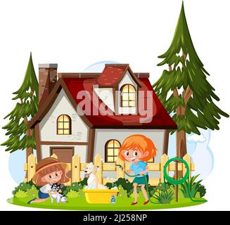 Fille lavant son chien devant l'illustration de dessin animé maison Illustration de Vecteur
