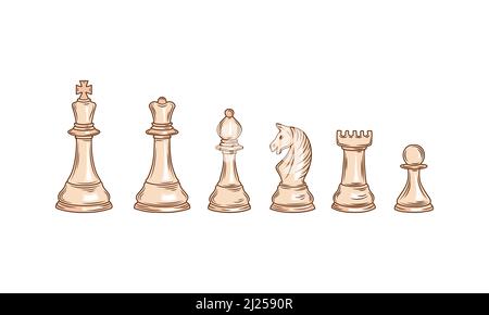 Icônes réalistes de pièces d'échecs blanches. Échiquier, reine et roi, cheval, rook, évêque et pion. Jeu de stratégie chiffres ensemble. Compétition ou tournoi logique Illustration de Vecteur