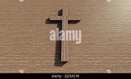 Concept ou croix conceptuelle sur fond de bois naturel ou de texture en bois. métaphore de l'illustration 3d pour Dieu, Christ, Christianisme, religieux, foi, Banque D'Images