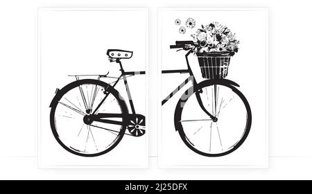 Vélo avec panier de fleurs illustration isolée sur fond blanc, vecteur. Affiche minimaliste en deux pièces. Art mural noir et blanc, œuvres d'art. Illustration de Vecteur