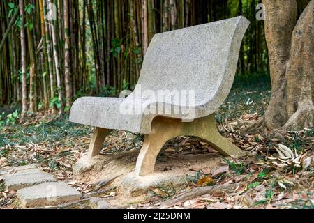 Gros plan d'un banc de pierre dans un parc forestier Banque D'Images