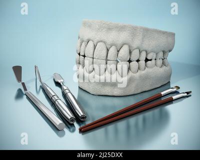 Modèle de dents artificielles, outils de modélisation et de peinture. 3D illustration. Banque D'Images
