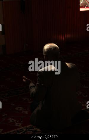 Dos d'un vieil homme blanc méconnaissable priant dans une mosquée sombre avec un faisceau de lumière du soleil tombant sur la tête et les épaules. Zone de prière avec tapis rouge, moquette Banque D'Images