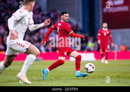 Copenhague, Danemark. 29th mars 2022. Nemanja Radonjic (7) de Serbie vu pendant le football amical entre le Danemark et la Serbie à Parken à Copenhague. (Crédit photo : Gonzales photo/Alamy Live News Banque D'Images