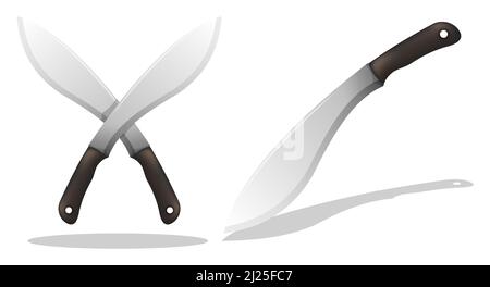 Machine à couteaux réaliste et aiguisée. Arme de chasseur de mêlée dans la jungle. Machettes croisées, symbole des pirates et des voleurs. Vecteur isolé sur fond blanc Illustration de Vecteur