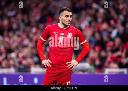 Copenhague, Danemark. 29th mars 2022. Filip Koscic (17) de Serbie vu pendant le football amical entre le Danemark et la Serbie à Parken à Copenhague. (Crédit photo : Gonzales photo/Alamy Live News Banque D'Images