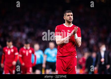 Copenhague, Danemark. 29th mars 2022. Stefan Mitrovic (13) de Serbie vu après le football amical entre le Danemark et la Serbie à Parken à Copenhague. (Crédit photo : Gonzales photo/Alamy Live News Banque D'Images