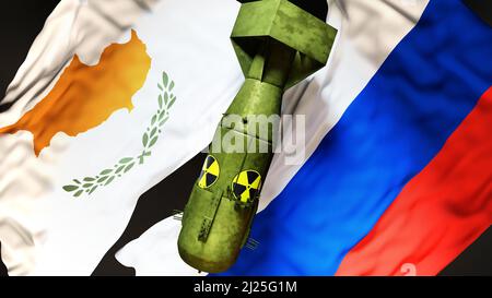Chypre et la Russie guerre nucléaire, conflit et crise. Drapeaux nationaux et une bombe atomique avec logo radioactif pour symboliser une menace nucléaire et possible e Banque D'Images