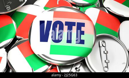 Madagascar et vote - des dizaines de boutons de pinback avec un drapeau de Madagascar et un vote de mot. 3D symboliser le vote à venir dans ce pays., 3D il Banque D'Images