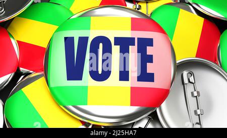 Mali et vote - des dizaines de boutons de pinback avec un drapeau du Mali et un vote de mot. 3D symbolisent le vote à venir dans ce pays., illustration de 3D Banque D'Images