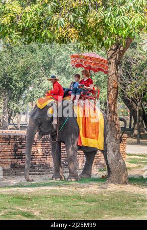 Ayutthaya, Thaïlande - 24 décembre 2009 : le mahout fait le tour de son éléphant avec des touristes dans le temple d'Ayutthaya. Banque D'Images