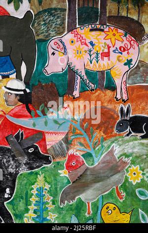 Détail d'une peinture murale collective réalisée par Pablo Sanaguano dans un village de Chimborazo, en Équateur Banque D'Images