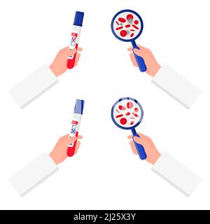 Illustration vectorielle des mains d'un ravisseur qui tient une éprouvette avec un test sanguin pour le VIH et une loupe isolée sur fond blanc. POSI Illustration de Vecteur