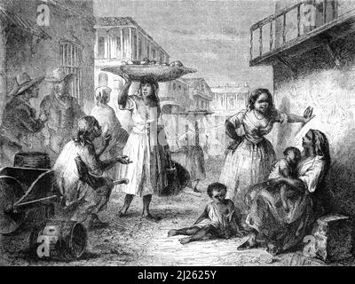 Scène de rue animée avec des marchands ambulants, des vendeurs, des vendeurs de rue, des marchands itinérants et des femmes qui bavardent dans la rue dans la vieille Havane Cuba. Illustration ancienne ou gravure 1860. Banque D'Images