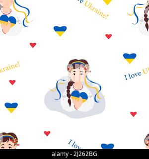 Motif ukrainien sans couture. Jolie fille ukrainienne dans une robe traditionnelle brodée en couronne de fleurs avec rubans avec coeur jaune-bleu sur le backgro blanc Illustration de Vecteur