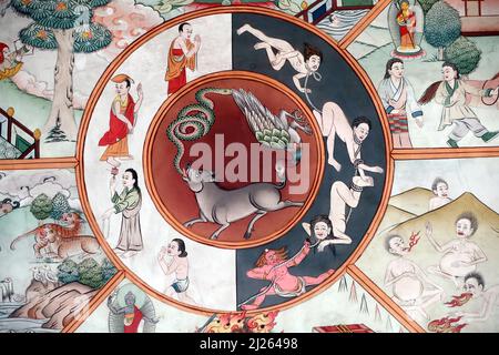 Monastère de Pema Osel Ling. La roue de la vie ou le bhavacakra est une représentation symbolique de saṃsara. Le cochon, le coq et le serpent représentent le thr Banque D'Images