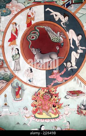 Monastère de Pema Osel Ling. La roue de la vie ou le bhavacakra est une représentation symbolique de saṃsara. Le cochon, le coq et le serpent représentent le thr Banque D'Images