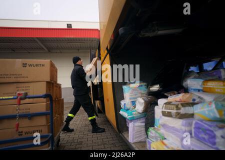 Une garde charge les fournitures d'aide dans un bus appartenant au volontaire britannique Cliff Wilson qui les transportera en Ukraine et, à son retour, ramasse les femmes et les enfants ukrainiens et les ramasse à la frontière en Pologne. Date de la photo: Mercredi 30 mars 2022. Banque D'Images