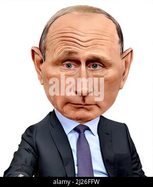 Le président russe Vladimir Poutine, caricature visage, intrigué, intéressé Banque D'Images