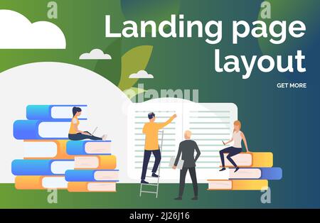 Personnes étudiant livres présentation diapositive. Écrivains, imprimerie, bibliothèque. Concept d'entreprise. Illustration vectorielle pour poster, présentation, nouveau projet Banque D'Images