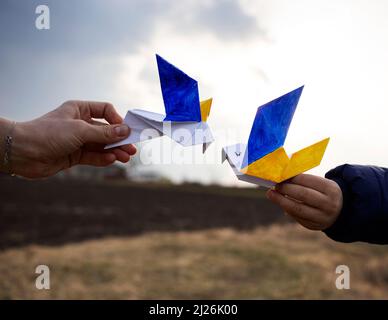 2 colombes de papier de la paix, les ailes sont peintes en jaune - bleu du drapeau ukrainien contre le ciel. Soutenir l'Ukraine. Arrêter la guerre en Ukraine. Chi Banque D'Images