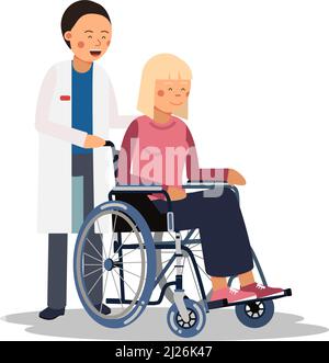 Médecin poussant le fauteuil roulant avec le patient. Aide médicale Illustration de Vecteur