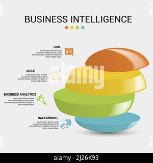 Infographie icônes Business Intelligence illustration vectorielle. 4 modèle d'informations de pas de tests de couleur avec texte modifiable. Illustration de Vecteur