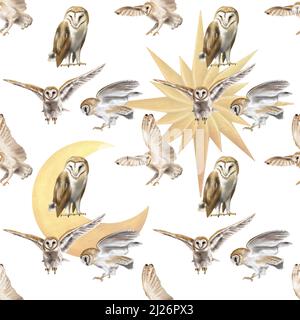 Hibou volante à motif aquarelle sans couture. Une illustration réaliste d'un hibou. Papier numérique. Oiseau blanc avec ailes beige et tête nocturne Banque D'Images