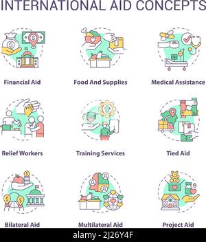 Jeu d'icônes de concept d'aide internationale Illustration de Vecteur