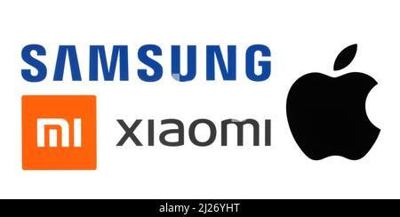 Kiev, Ukraine - 08 février 2022: Ensemble des logos des plus grands fabricants de téléphones intelligents du monde, tels que: Samsung, Xiaomi et Apple Banque D'Images