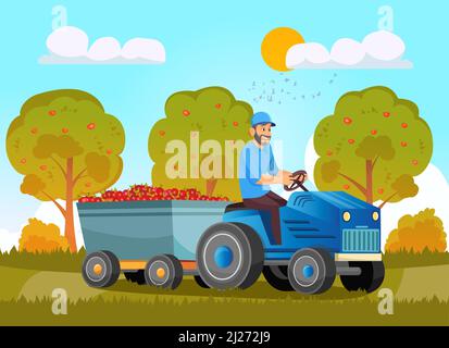Agriculteurs chargeant des pommes sur une remorque de tracteur. Nourriture biologique locale, produits de saison écologiques. Personnes produisant et récoltant naturel Illustration de Vecteur