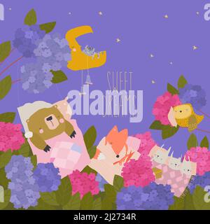 Animaux de joli dessin animé dormant dans des lits à Hydrangea Illustration de Vecteur