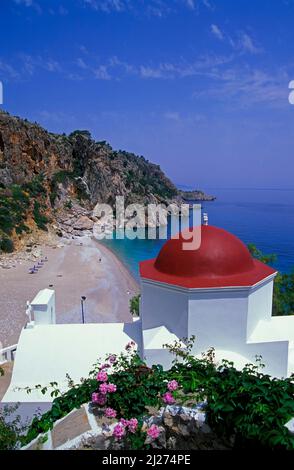 Kira Panagia, vue de l'église à la plage, île de Karpathos, Dodécanèse, Grèce, Europe Banque D'Images