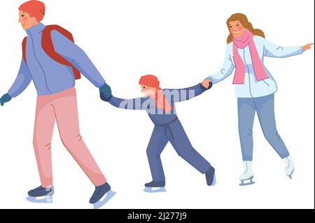 Patinage familial sur glace. Parents et enfant à l'extérieur isolés sur fond blanc Illustration de Vecteur