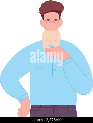 Faux visage souriant. Homme cachant l'émotion isolée sur fond blanc Illustration de Vecteur