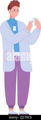 Homme dans une blouse de laboratoire qui dépose le liquide dans un tube en verre d'essai isolé sur fond blanc Illustration de Vecteur