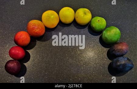 Plusieurs prunes de couleur disposées dans un ordre arc-en-ciel Banque D'Images