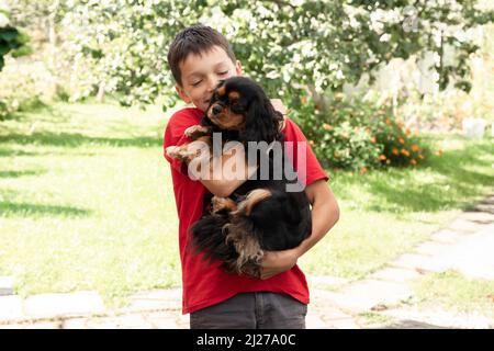 Jeune heureux kising enfant dans la chemise rouge tenue, embrassant chiot meilleur ami chien cavalier King Charles Sopeel Banque D'Images