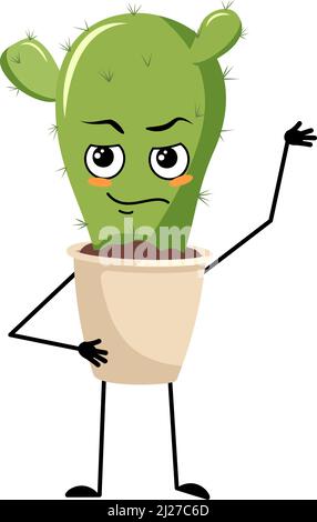 Cactus mignon avec des émotions de héros, de visage courageux, de bras et de jambe. Plante de maison avec expression de courage. Illustration vectorielle plate Illustration de Vecteur