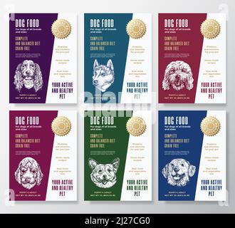 Mise en place des modèles d'étiquettes d'aliments pour animaux. Résumé Vector Packaging Design Layouts Collection. Typographie bannières avec chien dessiné à la main races des faces d'esquisse Illustration de Vecteur