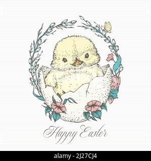Dessin à la main mignon Chick de Pâques illustration vectorielle. Carte de voeux à motif abstrait petit poulet dans un œuf avec brindilles de saule et fleurs et papillons. Ressort Illustration de Vecteur