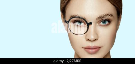 Correction de la vision laser. Visage de femme avec et sans lunettes sur fond bleu montrant le concept de correction de la vision à l'aide de lunettes Banque D'Images
