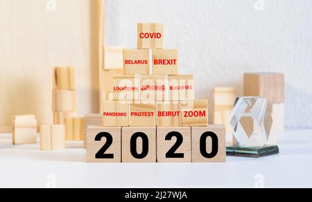 Le mot tendances et 2020 nouvelle année sur des blocs de cube en bois. 2020 concept des tendances. Principale tendance à changer quelque chose dans la nouvelle année. Banque D'Images