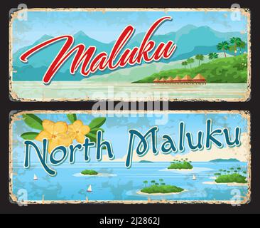 Plaques et autocollants de voyage indonésiens de Maluku et de North Maluku. Excursion asiatique de vacances plats souvenirs vintage avec îles tropicales et bungalows sur la rive. Autocollants vectoriels ou panneaux en étain de la province d'Indonésie Illustration de Vecteur