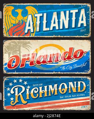 Atlanta, Orlando, Richmond american villes plaques et autocollants de voyage. Autocollant rétro de la ville ou de la ville des États-Unis, plaque d'époque ou panneau en étain. Carte postale, bannière ou carte-souvenir vectorielle de la visite de vacances américaine Illustration de Vecteur