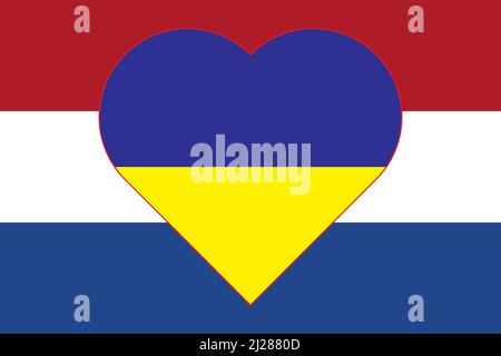 Un coeur peint dans les couleurs du drapeau de l'Ukraine sur le drapeau des pays-Bas. Illustration d'un coeur bleu et jaune sur le symbole national. Illustration de Vecteur